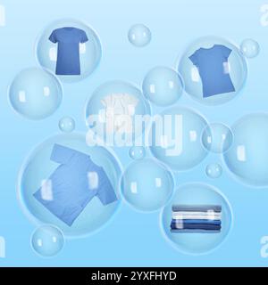 Diverse bolle di sapone con il bucato all'interno e quelle vuote che galleggiano su sfondo azzurro Foto Stock