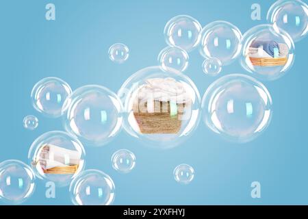 Diverse bolle di sapone con il bucato all'interno e quelle vuote che galleggiano su sfondo azzurro Foto Stock