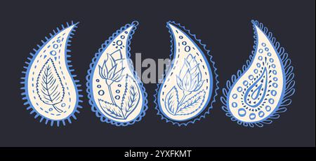 Set di motivi paisley disegnati a mano in blu monocromatico Illustrazione Vettoriale