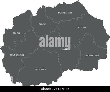 Mappa vettoriale della Macedonia del Nord con regioni o territori statistici e divisioni amministrative. Livelli modificabili ed etichettati in modo chiaro. Illustrazione Vettoriale