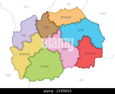 Mappa vettoriale illustrata della Macedonia del Nord con regioni statistiche e divisioni amministrative e paesi e territori confinanti. Modificabile Illustrazione Vettoriale