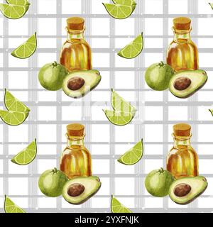 Motivo avocado acquerello. Motivo senza cuciture con avocado e lime e una bottiglia di olio su fondo a reticolo. Una fetta di lime e mezza di un Foto Stock