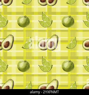 Motivo avocado acquerello. Motivo senza cuciture di metà avocado e agrumi al lime. Fetta di lime. Design per confezionamento di alimenti, menu e cancelleria Foto Stock