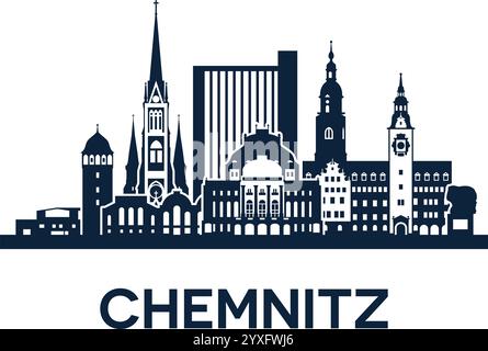 Skyline astratto di Chemnitz, Sassonia, Germania. Una silhouette vettoriale pulita caratterizzata da un'architettura moderna e punti di riferimento iconici. Perfetto per i viaggi, desig Illustrazione Vettoriale
