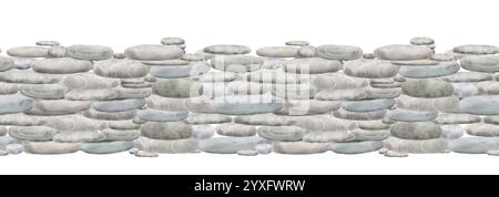 Superficie in pietra realizzata in pietre lisce, bordo senza cuciture orizzontale. Illustrazione digitale acquerello. Recinzione grigia fatta di rocce diverse, ciottoli. St Foto Stock