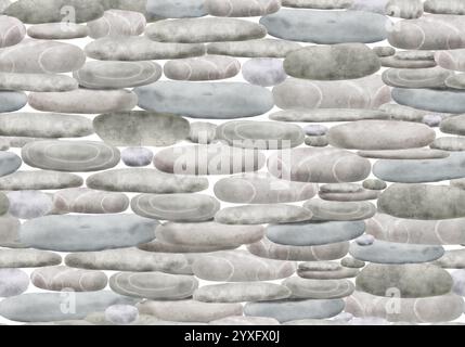 Parete in pietra, elemento superficiale su disegno senza cuciture. Illustrazione digitale acquerello. Recinzione grigia composta da diversi massi, rocce, ciottoli isolati su wh Foto Stock