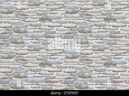 Parete in pietra, elemento superficiale su disegno senza cuciture. Illustrazione digitale acquerello. Recinzione grigia composta da diversi massi, rocce, ciottoli isolati su wh Foto Stock