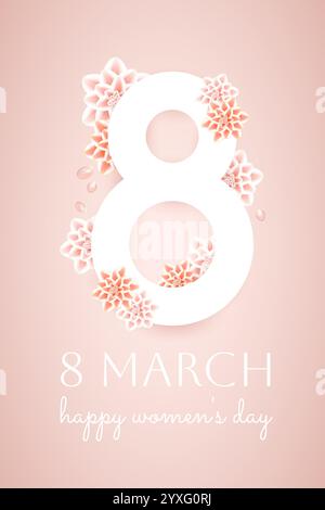 8 marzo, cartolina, fiori 3d, giornata internazionale delle donne. Illustrazione Vettoriale