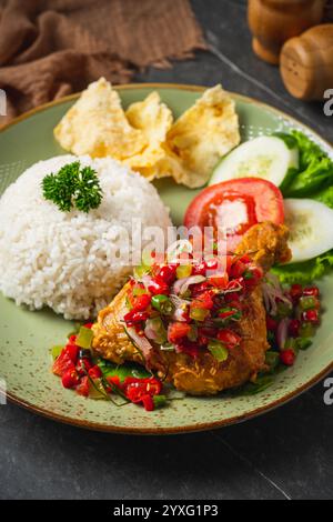 Il Nasi Ayam Geprek è un pollo fritto croccante con sambal bawang caldo e piccante. Servito con riso Foto Stock