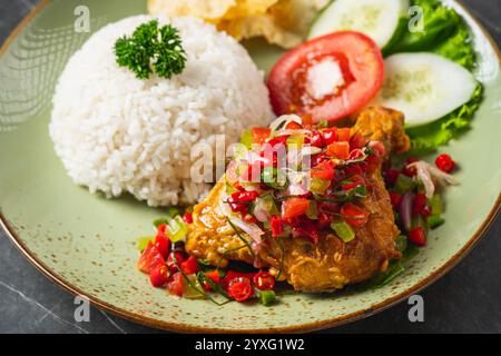 Il Nasi Ayam Geprek è un pollo fritto croccante con sambal bawang caldo e piccante. Servito con riso Foto Stock