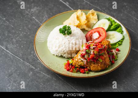Il Nasi Ayam Geprek è un pollo fritto croccante con sambal bawang caldo e piccante. Servito con riso Foto Stock