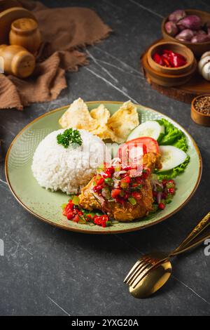 Il Nasi Ayam Geprek è un pollo fritto croccante con sambal bawang caldo e piccante. Servito con riso Foto Stock