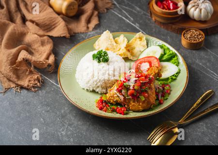 Il Nasi Ayam Geprek è un pollo fritto croccante con sambal bawang caldo e piccante. Servito con riso Foto Stock