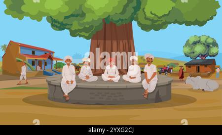 Villaggio indiano, casa del villaggio indiano, sfondo del villaggio indiano Illustrazione Vettoriale