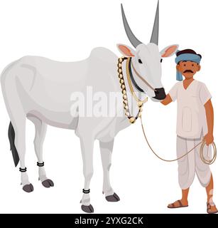 Contadino indiano con Bull, agricoltura indiana, felice giornata contadina Illustrazione Vettoriale