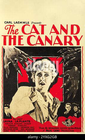 Carl Laemmle presenta The Cat and the Canary (Universal, 1927) Laura la Plante - Window Card Foto Stock