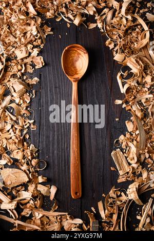 Cucchiaio di legno lavorato a mano con un mucchio di limature di legno da vicino. Concetto di creazione manuale Foto Stock