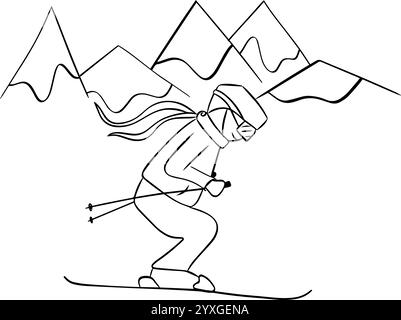 Schizzo di montagne e sciatori, composizione di linee grafiche vettoriali. Illustrazione disegnata a mano convertita in vettore Illustrazione Vettoriale