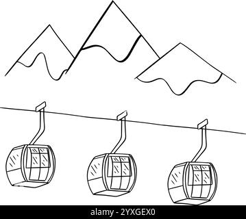 Illustrazione grafica in bianco e nero della linea della funivia della foresta montana. Composizione vettoriale ascensore a cavallo ski lift paesaggio con montagne isola Illustrazione Vettoriale
