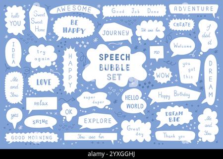 Palloncino di testo carino. Cornice di conversazione disegnata a mano, conversazione cloud in linea. Semplici elementi dei fumetti, pronuncia la freccia. Adesivi comunicazione, frasi divertenti. Co Illustrazione Vettoriale