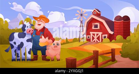 Azienda agricola e agricoltore. Pollo animale, mucca e maiale in un villaggio divertente, campagna estiva con alberi e case carine, fienile e mulino sul paesaggio. Carino felice Illustrazione Vettoriale
