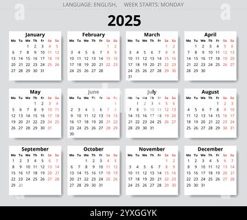 2025 anni di calendario vettoriale inglese con 12 mesi (con ombra). La settimana inizia lunedì Illustrazione Vettoriale