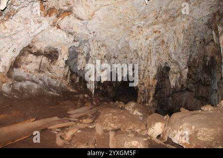 Antiche bare di legno provenienti dal sito di sepoltura preistorico all'interno della grotta Tham Lod, Mae Hong Son, che mostra resti di legno di teak intemprati in mezzo al pavimento della grotta di pietra calcarea Foto Stock