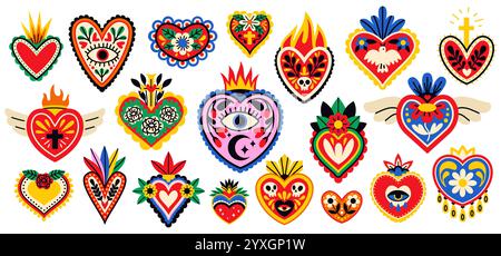 Cuori con motivi sacri. Simboli spirituali messicani tradizionali, fiamme ardenti, fiori e occhi colorati, segni commemorativi del fuoco, decorazioni colorate Illustrazione Vettoriale