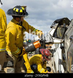 I vigili del fuoco in azione utilizzano strumenti idraulici per estrarre un veicolo, mostrando il lavoro di squadra e gli sforzi di salvataggio sotto un cielo nuvoloso Foto Stock