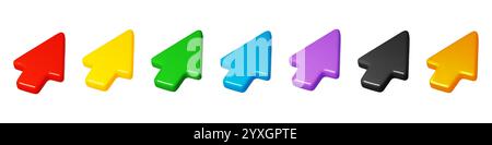 cursori del mouse a colori 3d. Frecce tridimensionali colori diversi, voluminosi puntatori a clic, navigazione interattiva, pittogrammi Web di controllo da computer Illustrazione Vettoriale