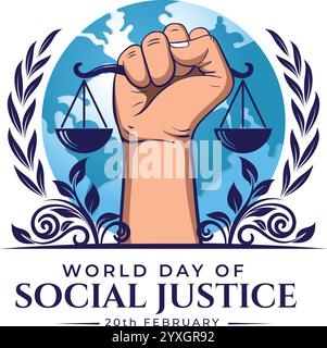 Simbolo vettoriale della giornata Mondiale della giustizia sociale con scale di giustizia a mano Illustrazione Vettoriale