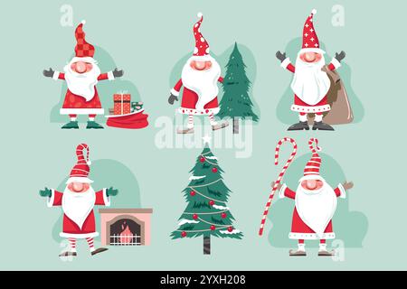 Set di illustrazione vettoriale Gnome natalizio Illustrazione Vettoriale