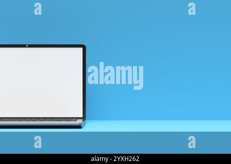 Notebook sottile con monitor vuoto posizionato su una semplice scrivania blu su sfondo blu corrispondente, perfetto per sfoggiare design o modello. Rendering 3D. Foto Stock