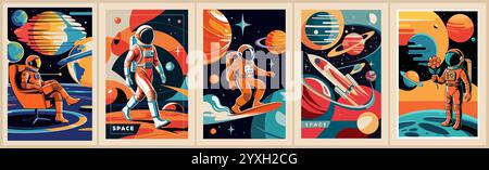 Astronauta nello spazio arte retrò poster, sfondi Illustrazione Vettoriale