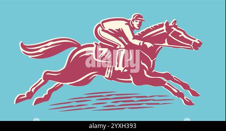Jockey on Horse cavalca velocemente. Sport equestre, corse. Illustrazione vettoriale Illustrazione Vettoriale