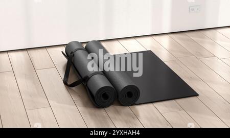 Tappetino per yoga rotolato nero vuoto su mockup con ombra a pavimento, rendering 3D. Materasso rotolante vuoto nel centro dello spazio per lo yogi Gym mock up background. Eliminare i Foto Stock