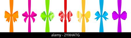 Fiocchi colorati su nastro piatto. Nodi decorativi in colori vivaci. Loop legati in curve lisce. Elementi da confezionare per confezioni regalo, confezioni e decorazioni. Elegante nastro ad arco per l'imballaggio presente Illustrazione Vettoriale