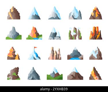 Montagna in stile pianeggiante con cime, scogliere, rocce e colline. Cime con ghiacciai, vulcani e pendii. Valli, altipiani, canyon, creste, bordi taglienti, le ciaspole frastagliate formano terreni naturali Illustrazione Vettoriale