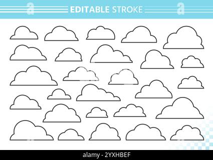Set di nuvole di contorno disegnate con traccia modificabile in nero e riempimento bianco. Forme nuvolose, forme morbide arrotondate con contorni semplici. Linee sottili cartoni animati morbide e nuvole dalle silhouette fluttuanti. Pulire gli scarabocchi lisci e ariosi Illustrazione Vettoriale