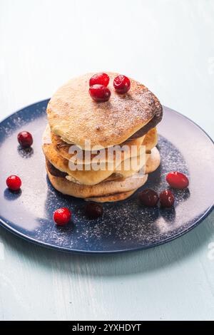 Le frittelle di formaggio con mirtilli rossi sono impilate su un piatto blu su un tavolo azzurro, cosparse di zucchero a velo. Foto di alta qualità Foto Stock