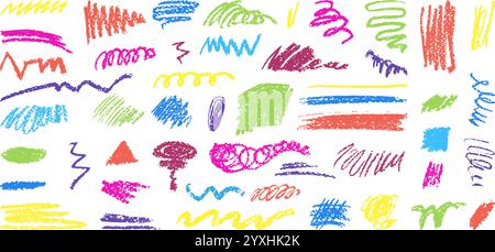 Linee astratte a matita color carbone. Elementi da disegno in stile bambini, scarabocchi ricci in gesso, scoiattoli, linea. Pastello grunge vari scarabocchi, neoterico Illustrazione Vettoriale