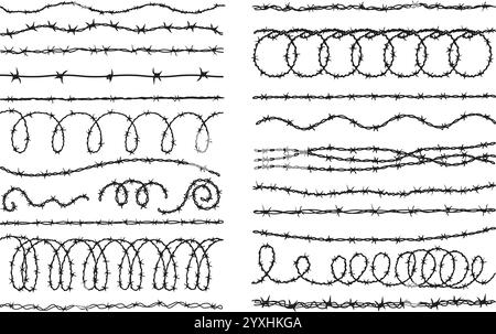 Filo spinato. Filo spinato nero, elementi di guerra o di sicurezza. Design decorativo dei bordi. Sicurezza e recinzione della prigione, recinzione ad area chiusa, set di vettori neoterici Illustrazione Vettoriale