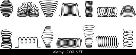 Molle a spirale in acciaio. Icone di bobine metalliche nere isolate, vari elementi elastici. Bobina estesa compressa diversa per materasso, dettagli della macchina Illustrazione Vettoriale