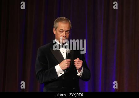 Cipriani Wall Street, 55 Wall Street, New York, NY 10005, 15 dicembre, 2024. Nigel Farage, leader della riforma del Regno Unito e membro del Parlamento britannico, si rivolge a un pubblico politico di prestigio al 112° New York Young Republicans Club Gala a Manhattan. Crediti: ©Julia Mineeva/EGBN TV News/Alamy Live News Foto Stock