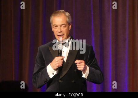 Cipriani Wall Street, 55 Wall Street, New York, NY 10005, 15 dicembre, 2024. Nigel Farage, leader della riforma del Regno Unito e membro del Parlamento britannico, si rivolge a un pubblico politico di prestigio al 112° New York Young Republicans Club Gala a Manhattan. Crediti: ©Julia Mineeva/EGBN TV News/Alamy Live News Foto Stock