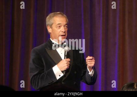 Cipriani Wall Street, 55 Wall Street, New York, NY 10005, 15 dicembre, 2024. Nigel Farage, leader della riforma del Regno Unito e membro del Parlamento britannico, si rivolge a un pubblico politico di prestigio al 112° New York Young Republicans Club Gala a Manhattan. Crediti: ©Julia Mineeva/EGBN TV News/Alamy Live News Foto Stock