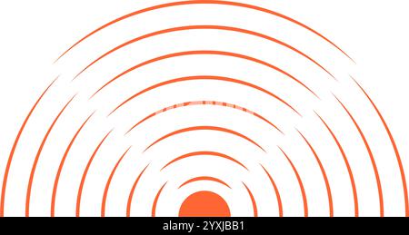 Semicerchi concentrici arancioni. Icona del sole, dell'alba o del tramonto. Segno di localizzazione di dolore o dolore. Simbolo onda d'urto, radiazione o vibrazione. Pittogramma suono, radar o onda sonar. Illustrazione vettoriale. Illustrazione Vettoriale