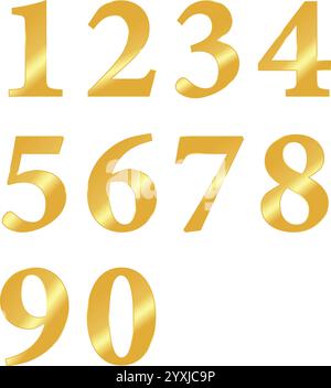 Golden Metal Number 1 to 10, One to ten Number in Golden Color, Alphabet Number, Golden 1,2,3,4,5,6,7,8,9,0, Numbers da zero a nove in Gold, Set of numb Illustrazione Vettoriale