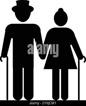 Vecchia coppia con Stick, anziano, nonno con bastone, vecchio con vecchia donna, coppia anziana Illustrazione Vettoriale