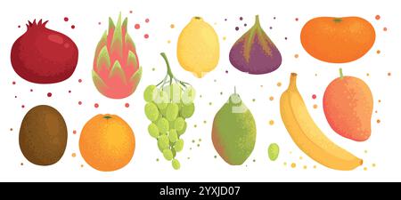 Raccolta di frutta in illustrazioni piatte disegnate a mano. Frutta tropicale e elementi grafici. Gli ingredienti colorano le clipart. Ingresso stile schizzo Illustrazione Vettoriale